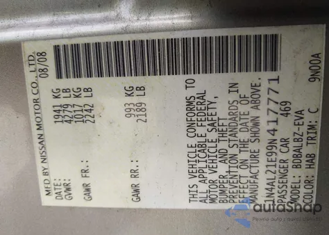 2009 Nissan Altima 2.5 S из США, поврежденный, VIN 1N4AL21E99N417771